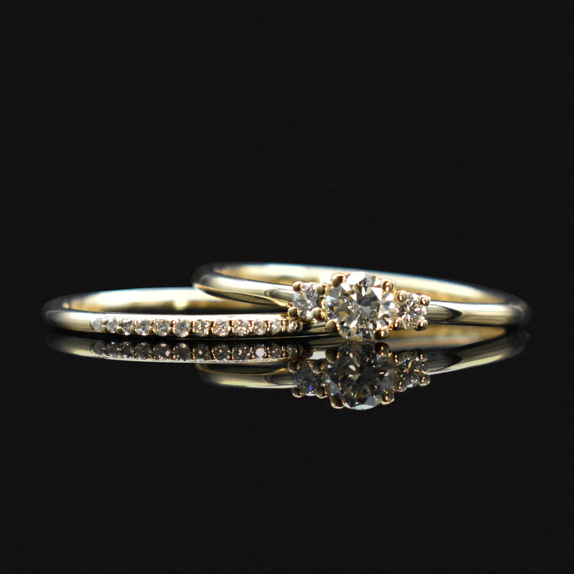 yellow gold 3-stone engagement ring diamonds classic minimal ring stacking