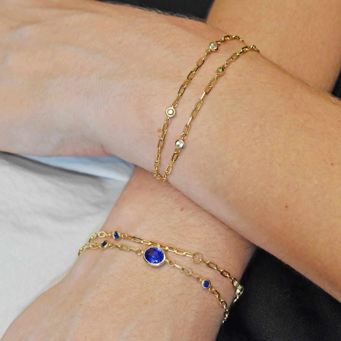 paper clip bracelet with sapphire birthstone charms