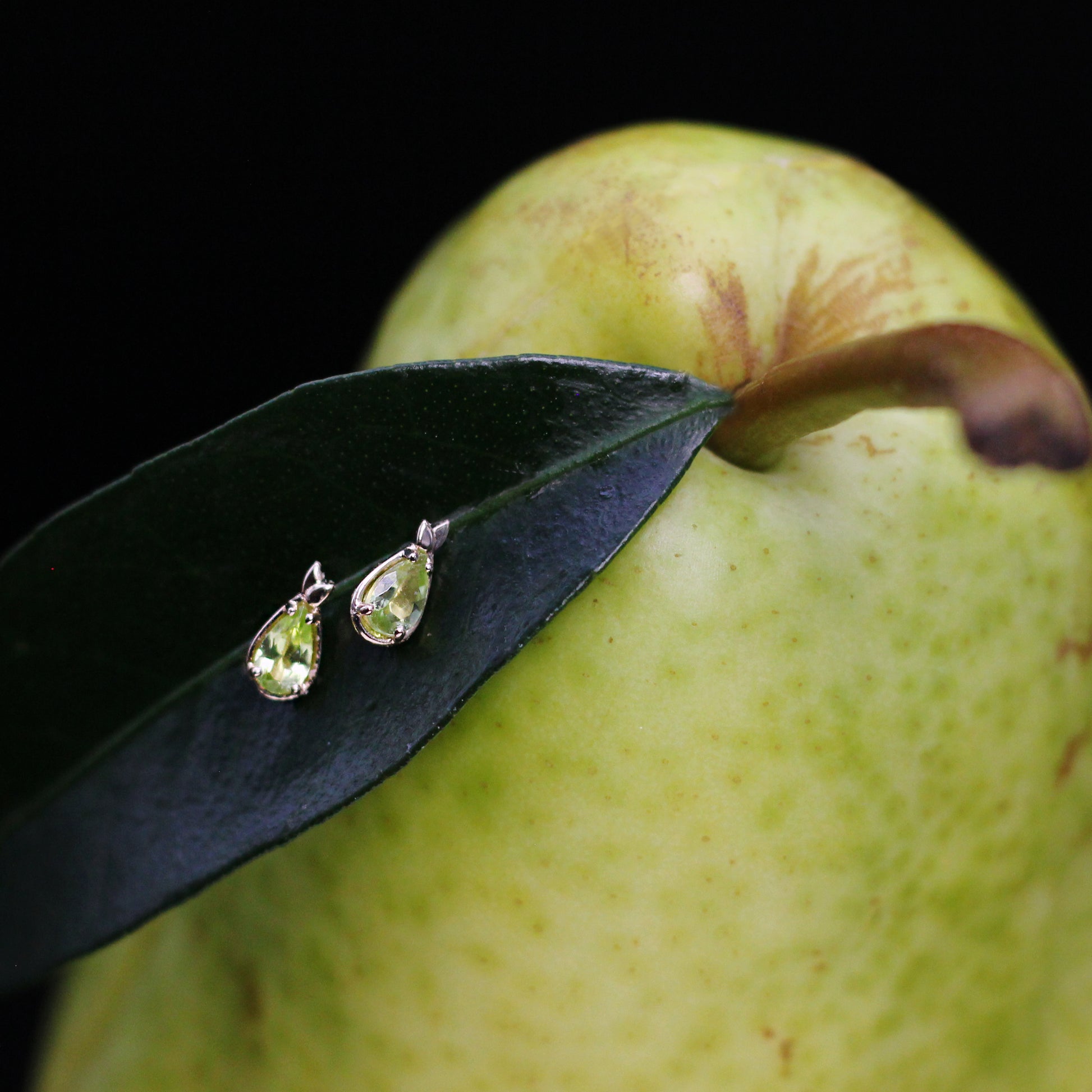 pear fruit earrings peridot 14k gold green