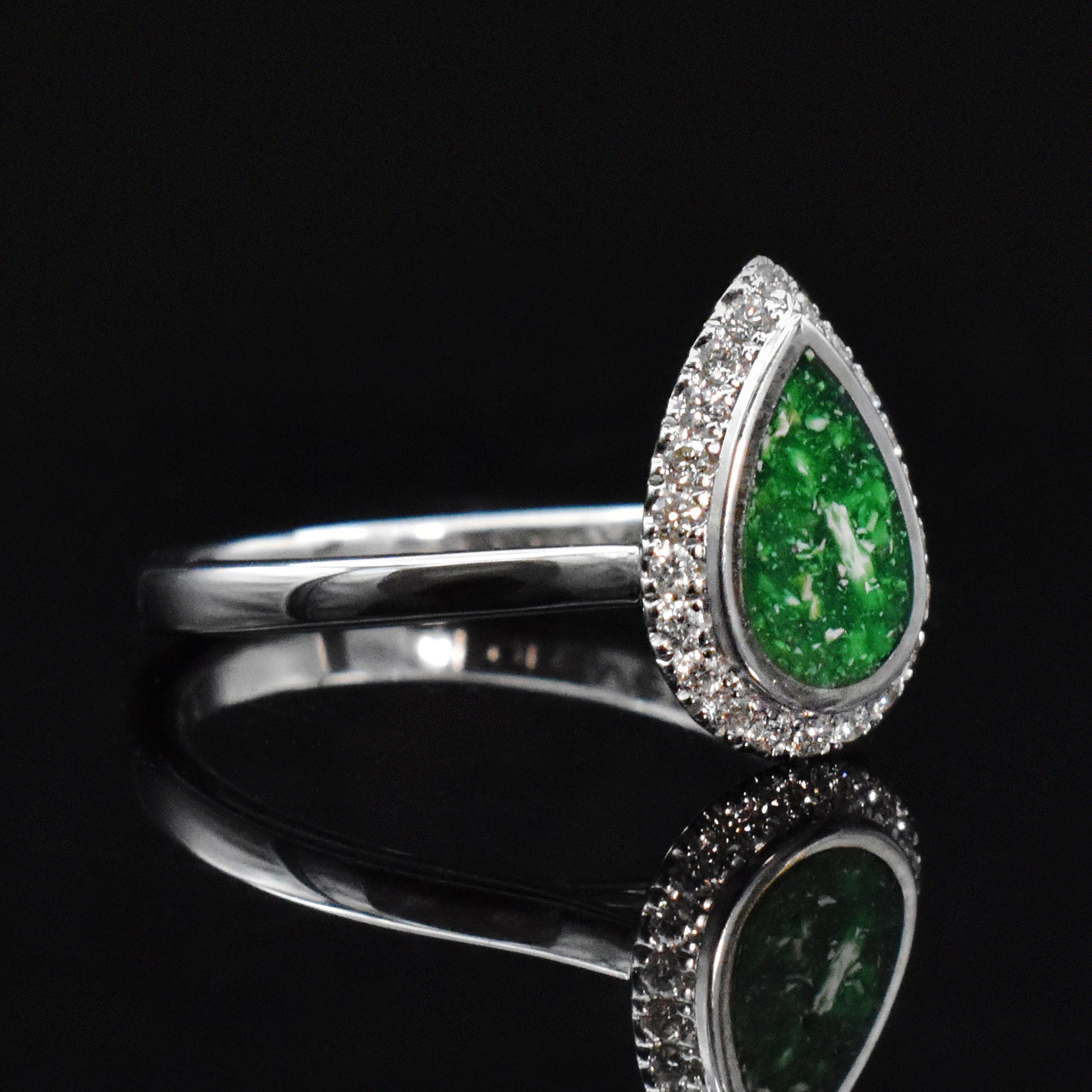 cremation jewelry green resin and diamond ring