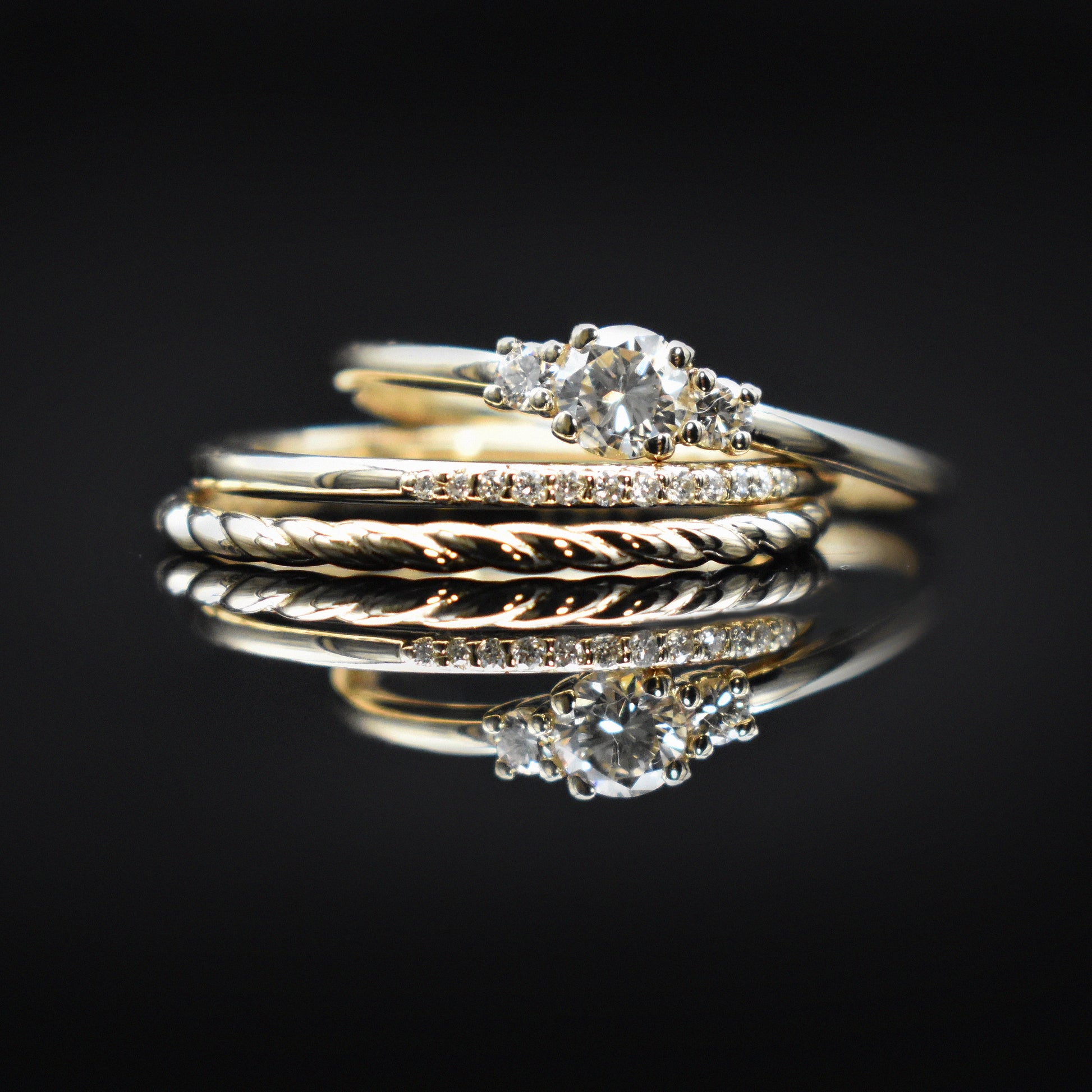 yellow gold 3-stone engagement ring diamonds classic minimal ringstack