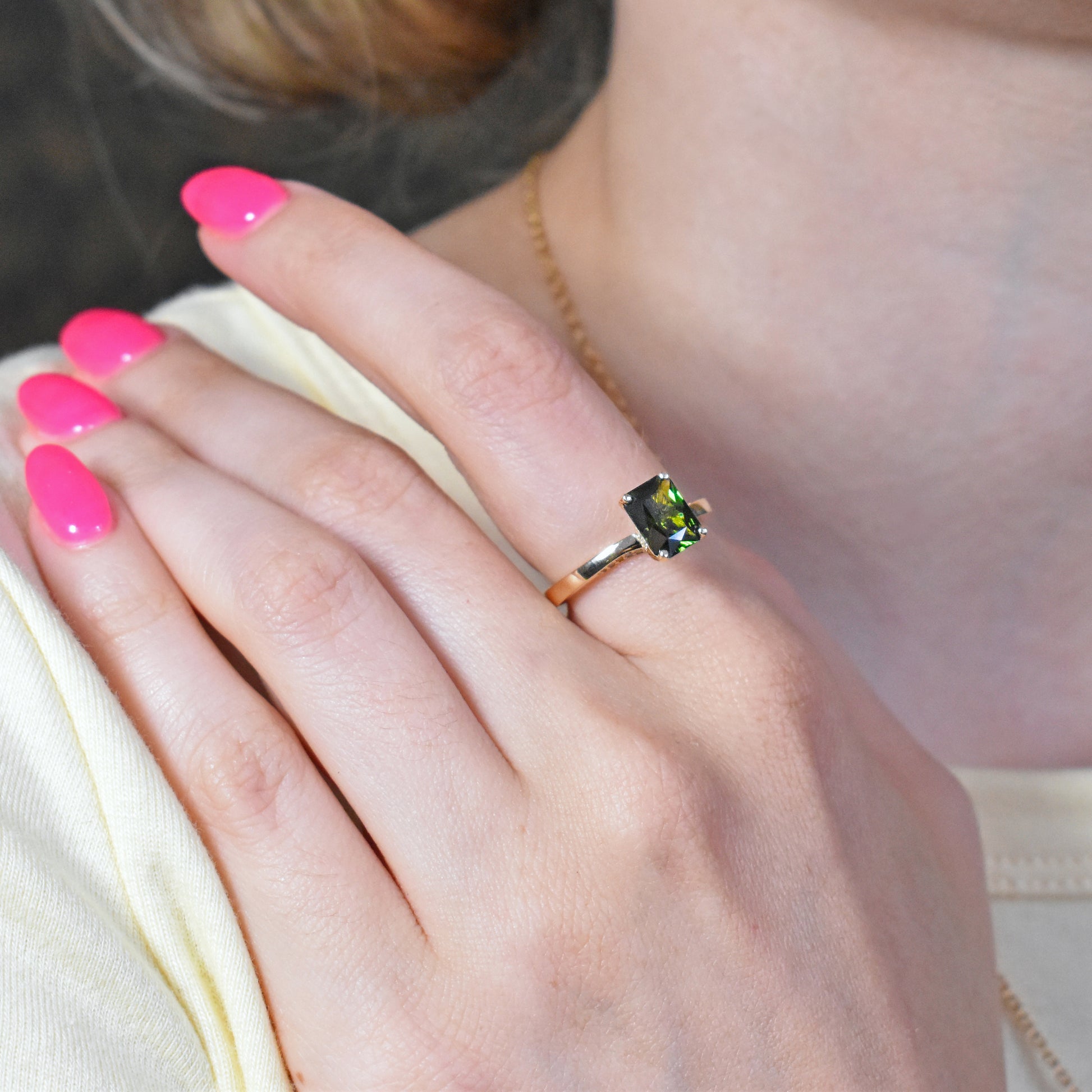 tourmaline green engagement ring yellow 14k gold emerald cut twisted shank diamonds