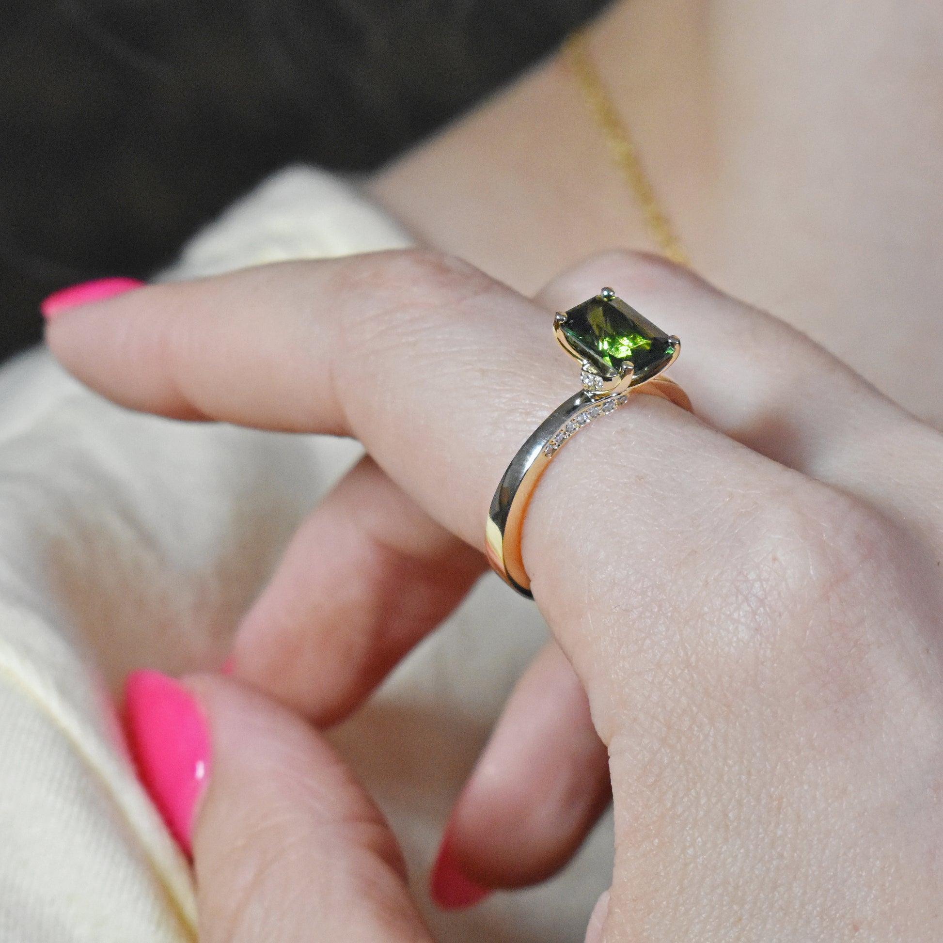 twisted tourmaline green engagement ring yellow gold emerald cut twisted shank diamonds