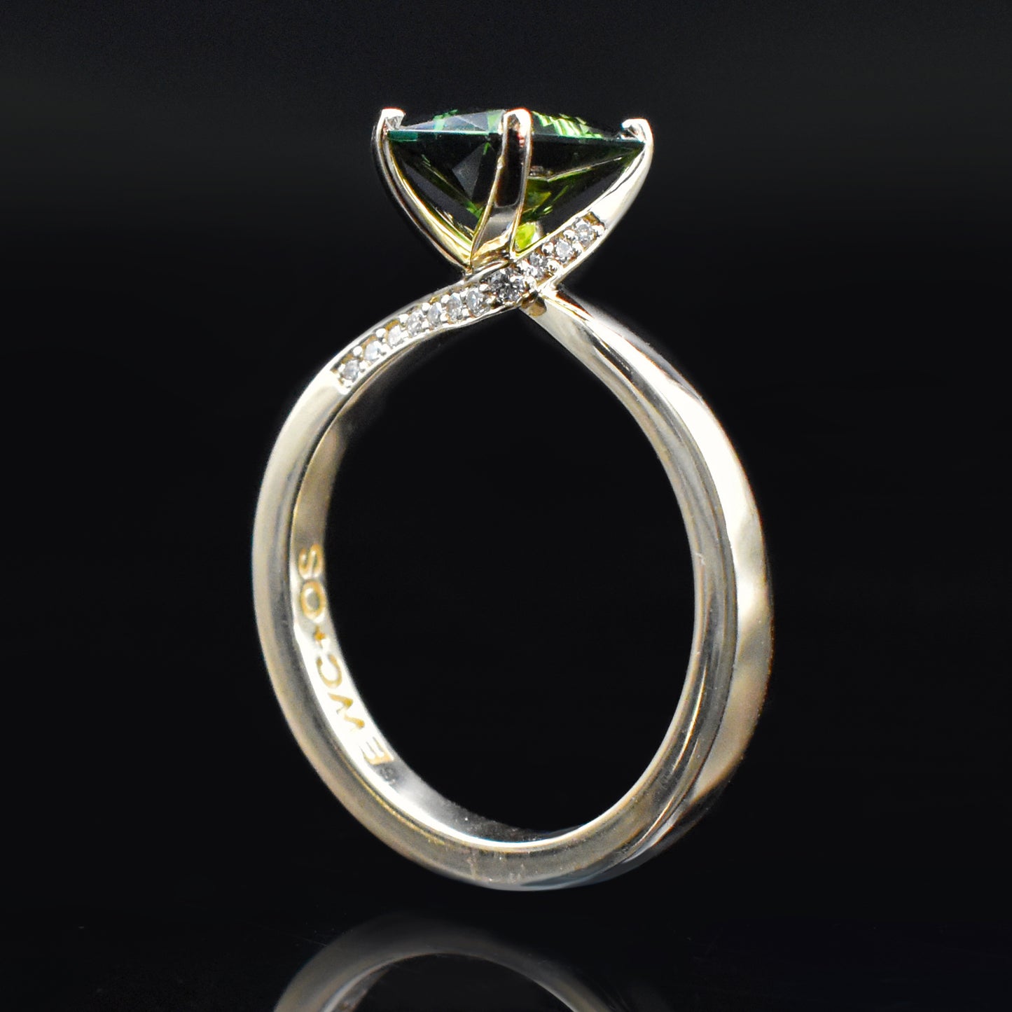 tourmaline green engagement jewelry ring yellow gold emerald cut twisted shank diamonds